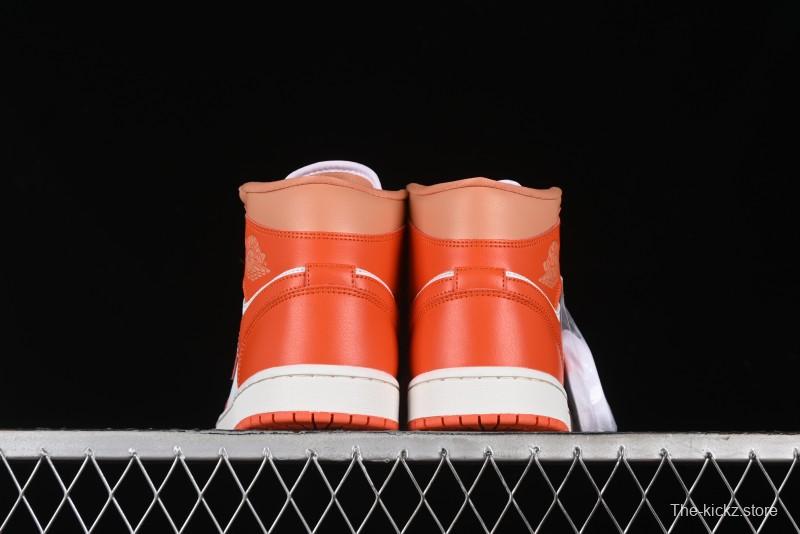 Nike Air Jordan 1 Mid Basketball Shoes in White and Orange Colorway - BQ6472-108