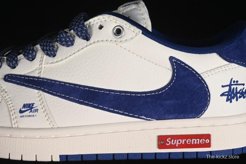Nike Travis Scott x Fragment Design x Air Jordan 1 Low OG SP AJ1 Supreme Stussy Collaboration - Suede Blue Swoosh Low-Top Casual Sneakers - SJ2068-127