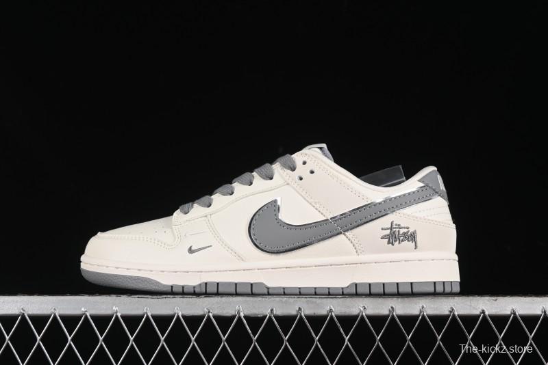 Nike SB Dunk Low Stussy Collaboration - Off White Dark Grey Swoosh Anniversary Custom Low-Top Casual Skate Shoes - DQ1098-382