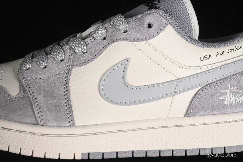 Nike Air Jordan 1 Low Stussy Collaboration - Light Bone Grey Dual-Tone Premium Custom Retro Basketball Shoes - SJ9950-045