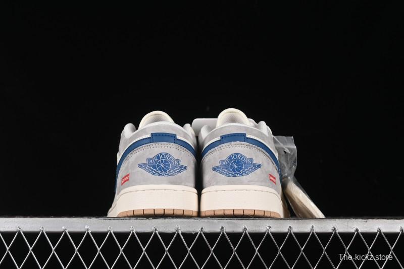 Nike Air Jordan 1 Low Supreme Collaboration - Retro Basketball Shoes in Blue and Gum Sole - SJ9950-022