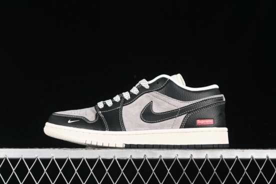 Nike Air Jordan 1 Low Supreme Collaboration - Black Grey Pigskin Two-Tone High-End Custom Retro Basketball Shoes - SJ9950-032