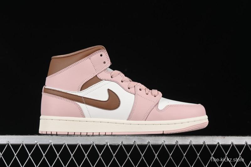 Nike Air Jordan 1 Mid AJ1 Basketball Shoes in Khaki Pink - BQ6472-620