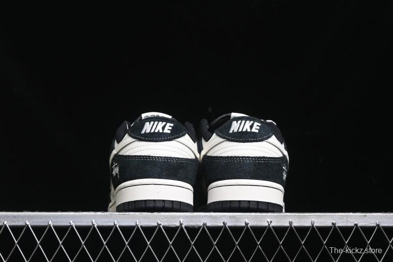 Nike SB Dunk Low Stussy Collaboration - Black White Mini Swoosh Anniversary Custom Low-Top Casual Skate Shoes - XY1688-017