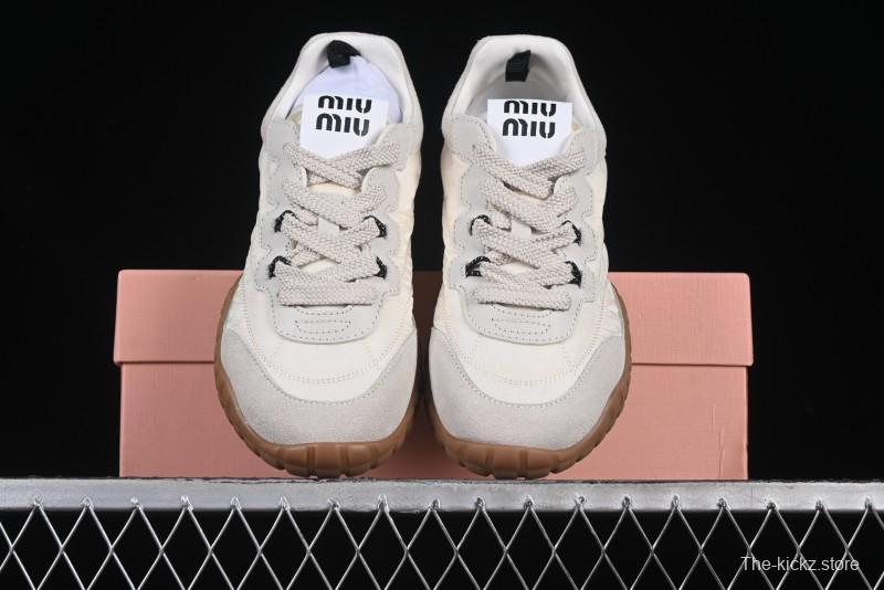 Miu Miu Suede Round Toe Lace-Up Women's Low-Top Casual Shoes in Beige - 99D4