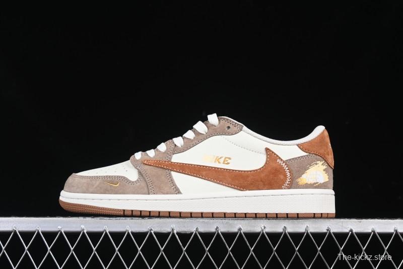 Nike Travis Scott x Fragment Design x Air Jordan 1 Low OG SP AJ1 Mocha Gold Low-top Casual Sneakers - DM7866-040
