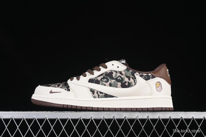Nike Travis Scott x Fragment Design x Air Jordan 1 Low OG SP AJ1 Bape Collaboration Beige Camo Low-Top Casual Sneakers - XS2024-019