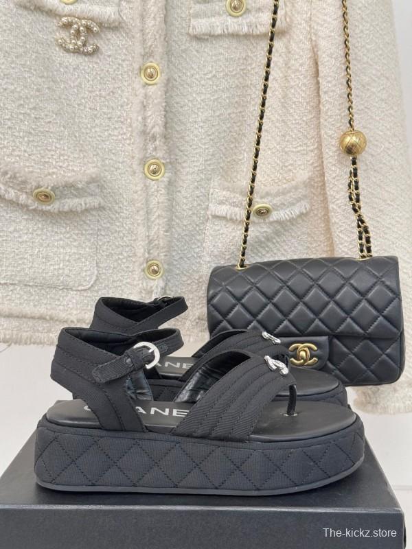 2025 Women Chanel Black Fabric Platform Sandals
