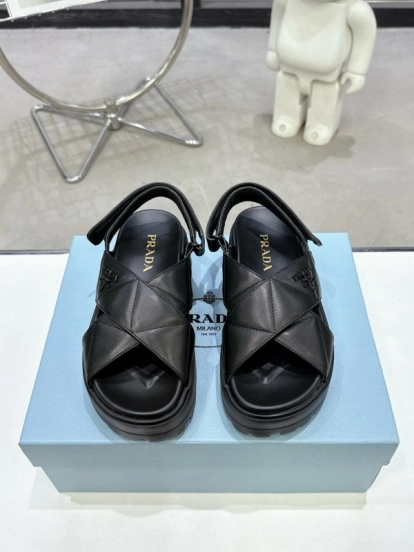 2025 Women Prada Black Leather Sandals
