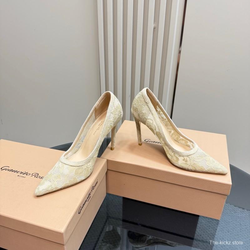 2025 Women Gianvito Rossi Beige Lace Leather High Heels KFY00280