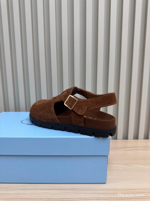 2025 Women Prada Brown Suede Slingback Buckle Sandals LY00280