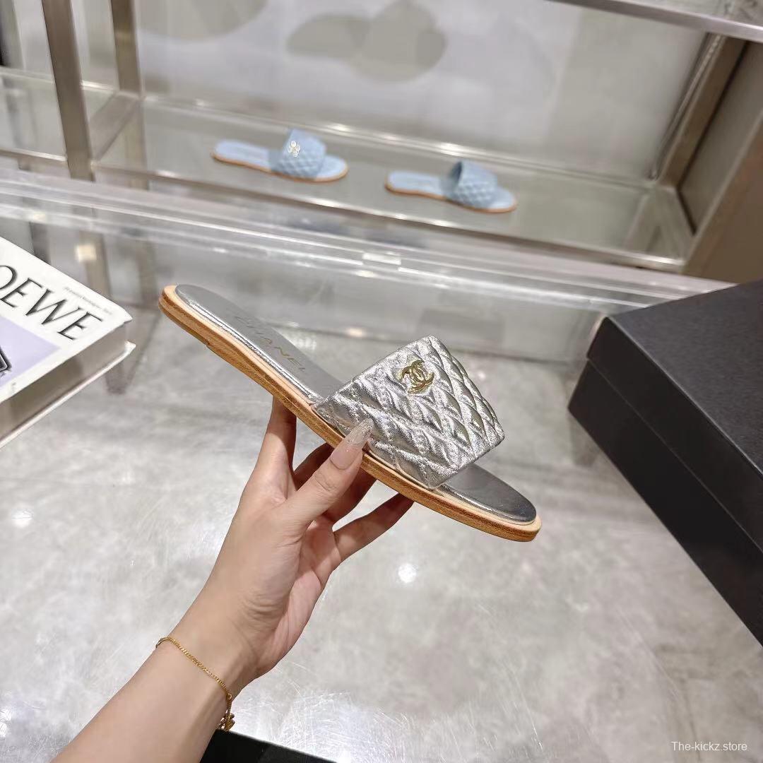 2025 Slippers Chanel Silver Leather Slippers