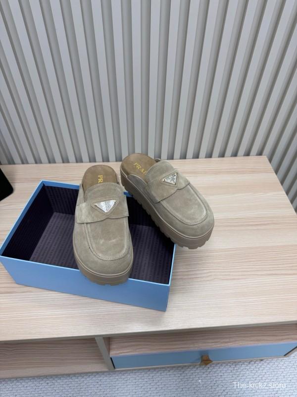 2025 Women Prada Khaki Suede Platform Loafers