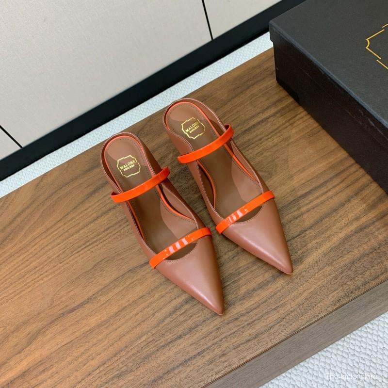 2025 Women Malone Souliers Brown Orange Leather Patent Leather Mid Heel Pumps