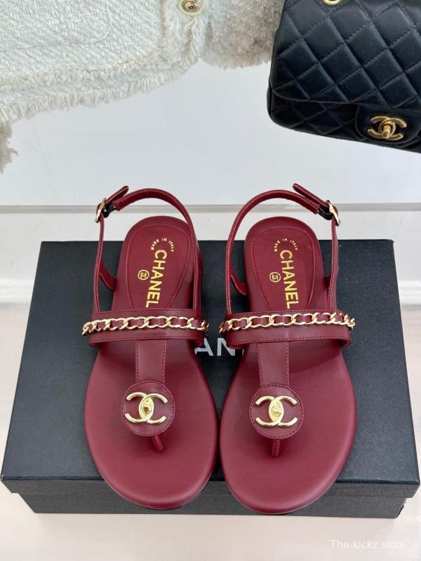 2025 Women Chanel Red Leather Sandals Chain Decoration