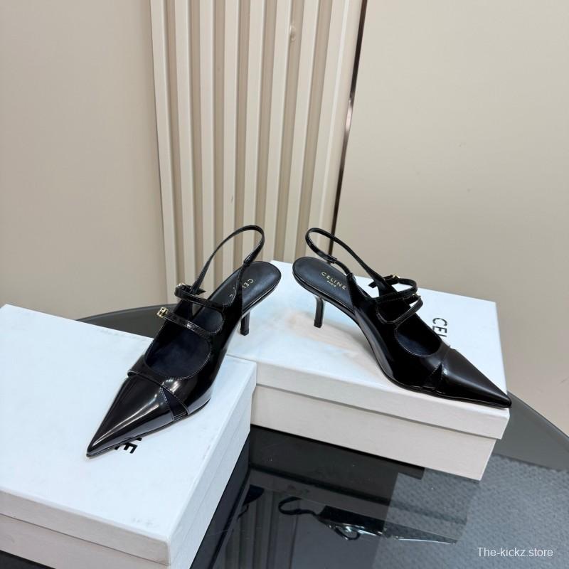 2025 Women CELINE Black Patent Leather Pointed Toe Slingback Heels