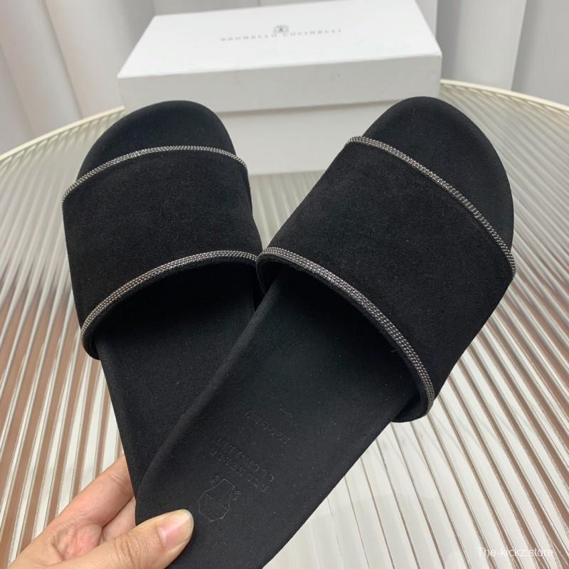 2025 Women BRUNELLO CUCINELLI Black Imported Suede Flat Sandals Handcrafted Beaded Chain Decoration KFY00240(F)
