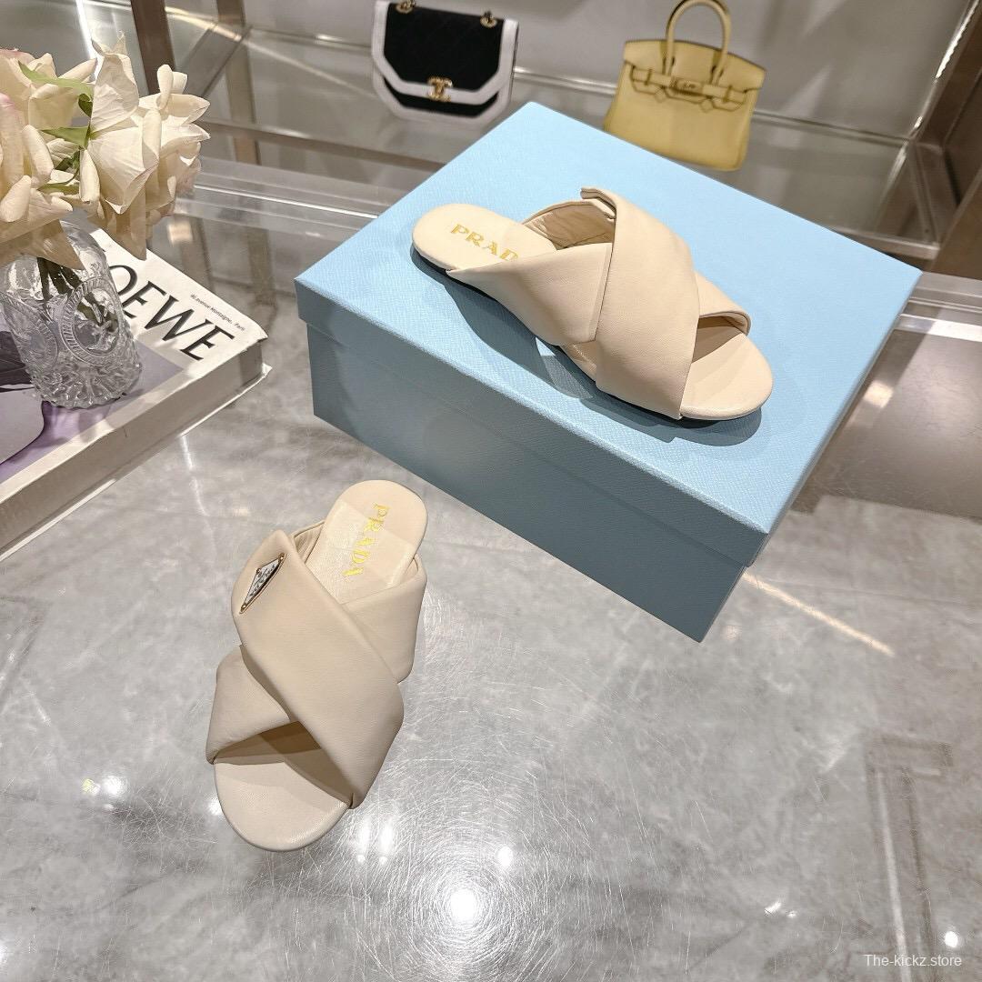 2025 Women Prada Cream Leather Slippers