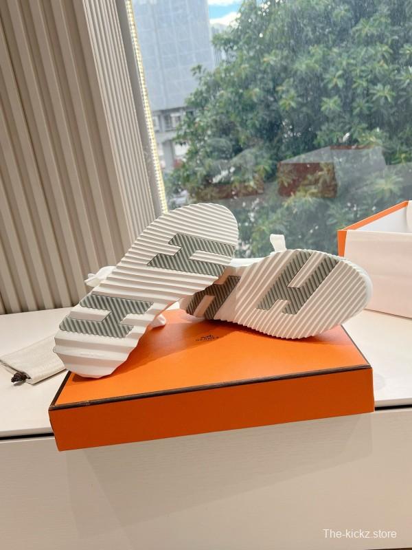 2024 Unisex Hermès Gray White Orange Calf Leather Suede Knit Sneakers MJ00290