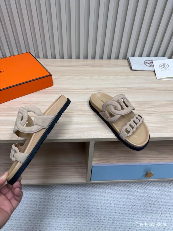 2025 Women Hermès Beige Suede Slippers
