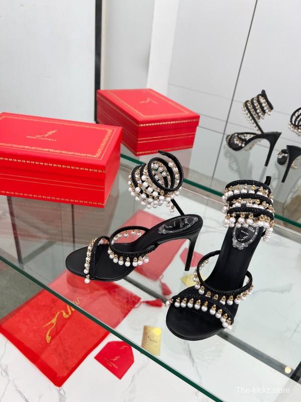 2025 Women RC Black Silk Crystal Pearl High Heel Sandals LY00360