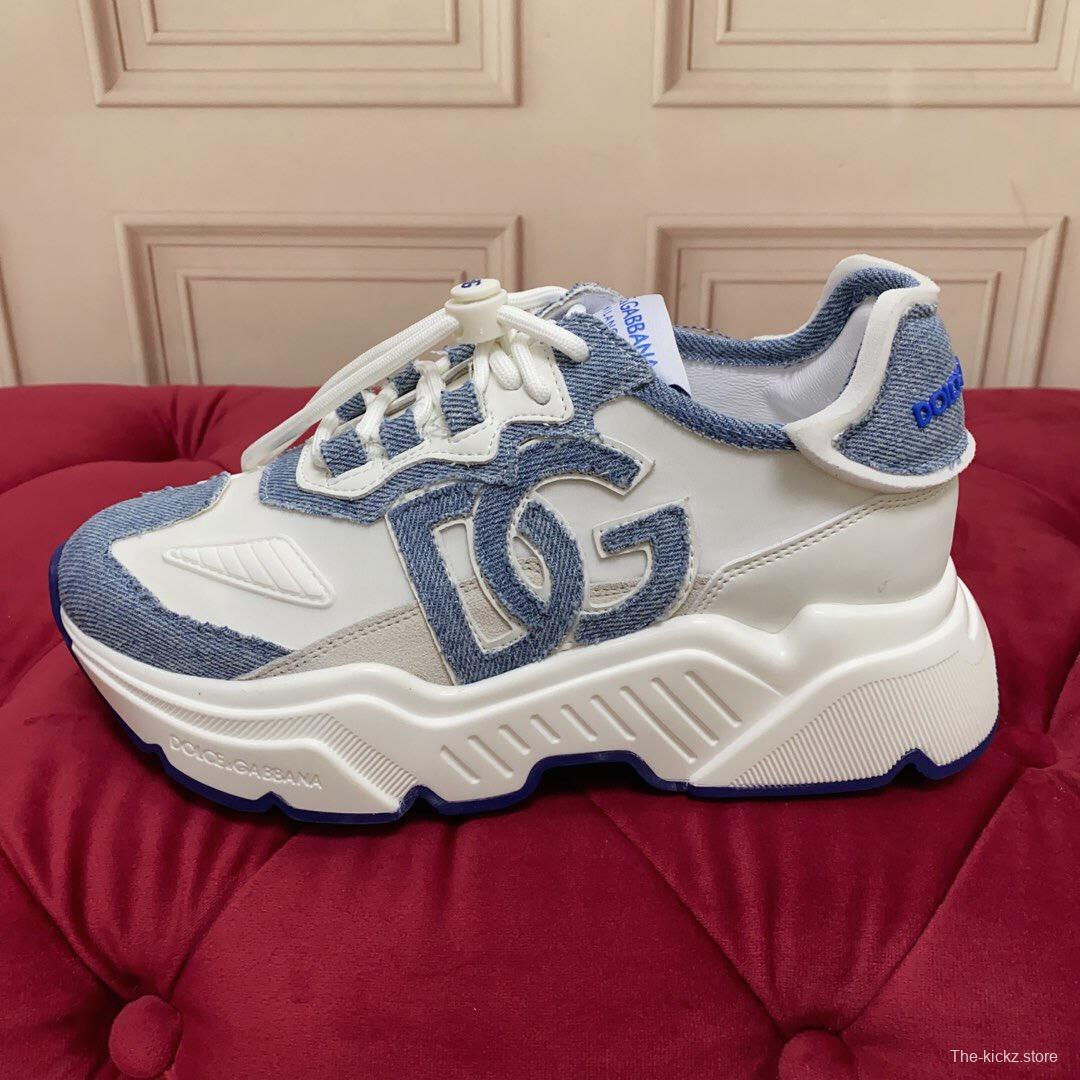 2025 Unisex Dolce & Gabbana White Blue Silk Leather Sneakers Exclusive Craft LY00330(F)/LY00340(M)