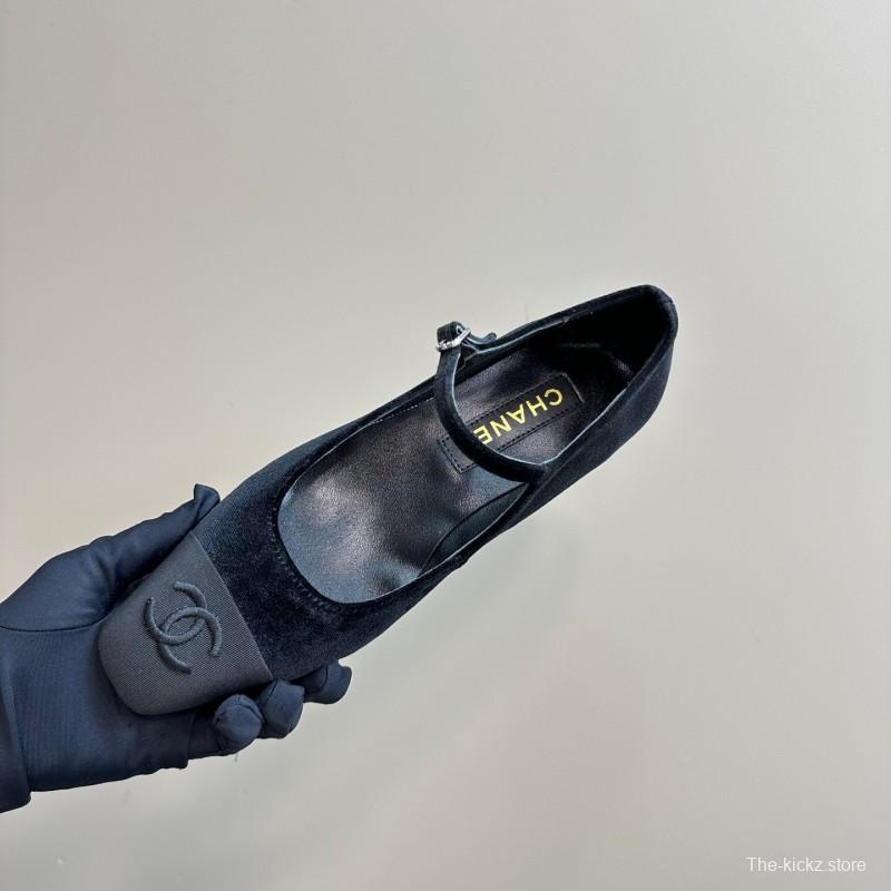 2025 Women Chanel Black Velvet Leather Mary Jane