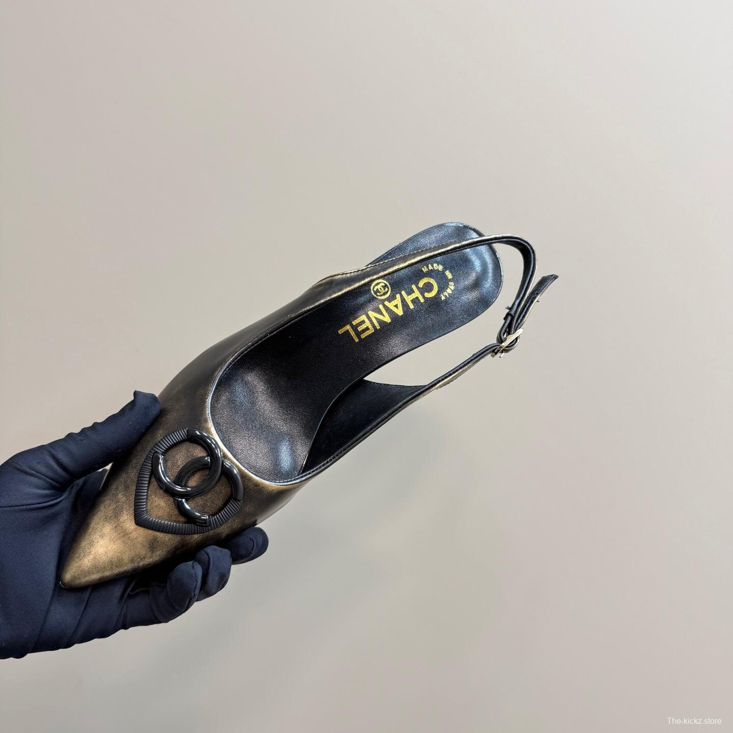 2025 Women Chanel Gold Black Leather Slingback Heel