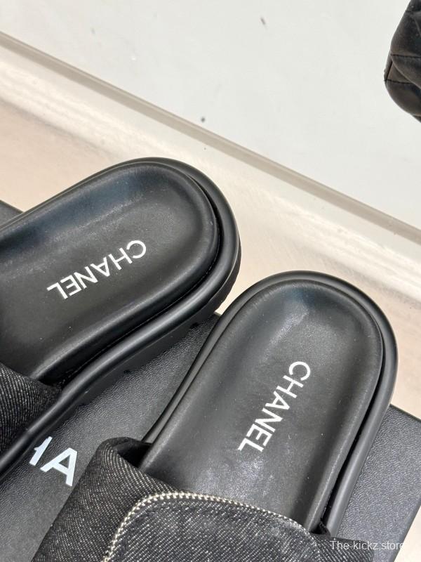 2025 CHANEL Black Fabric Slippers KFY00220