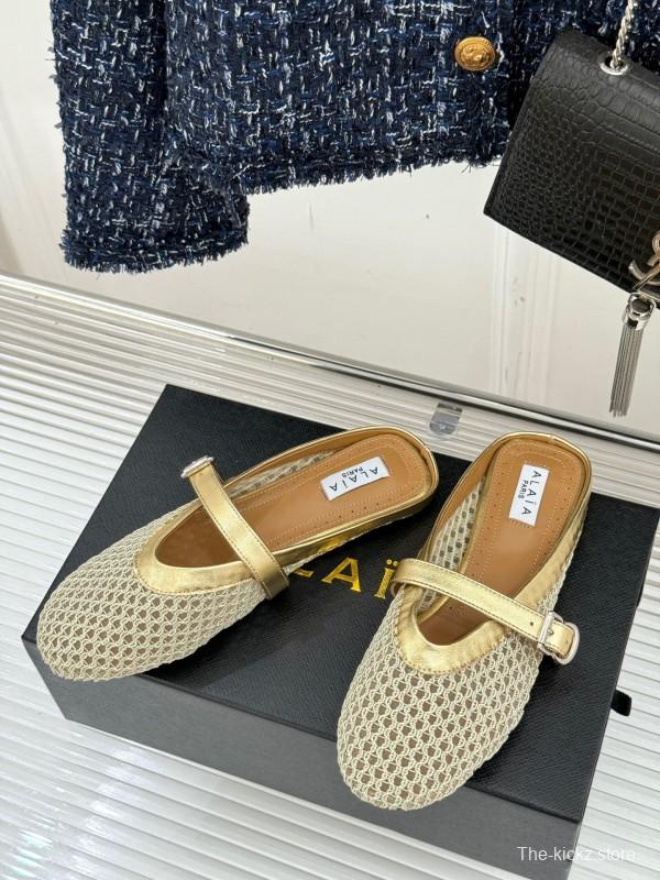2025 Slippers AlAIA Gold Mesh Leather Slippers