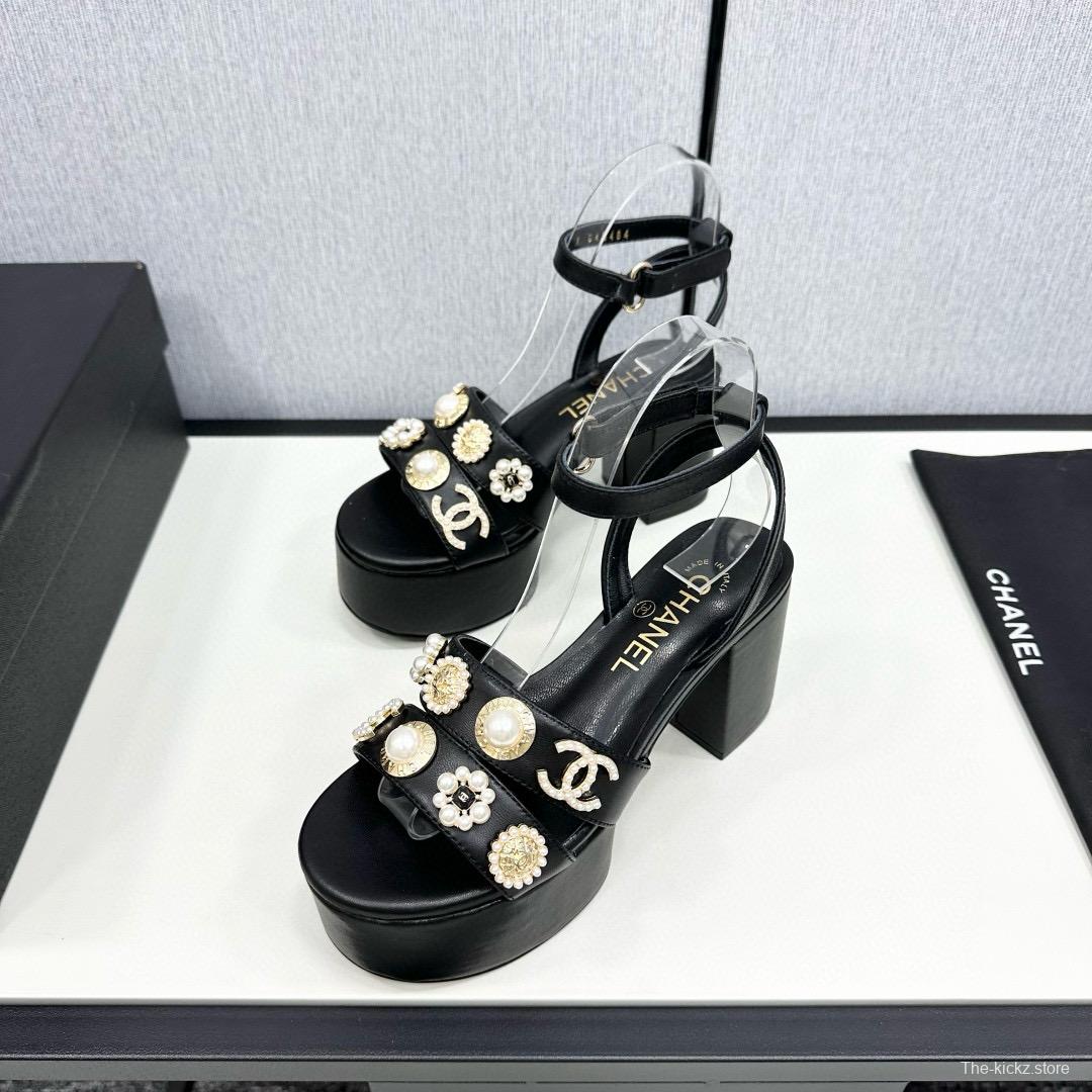 2025 Women Chanel Black Leather Platform Sandals MJ00310