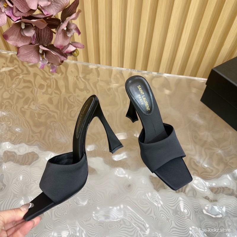 2025 Women Yves Saint Laurent Black Silk Heels KFY00280