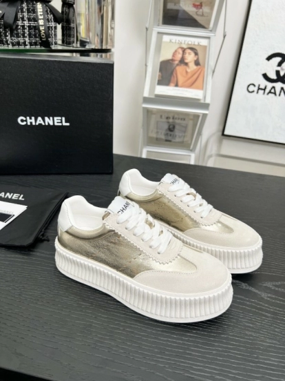 2025 Women Chanel White Gold Leather Suede Sneakers LY00270