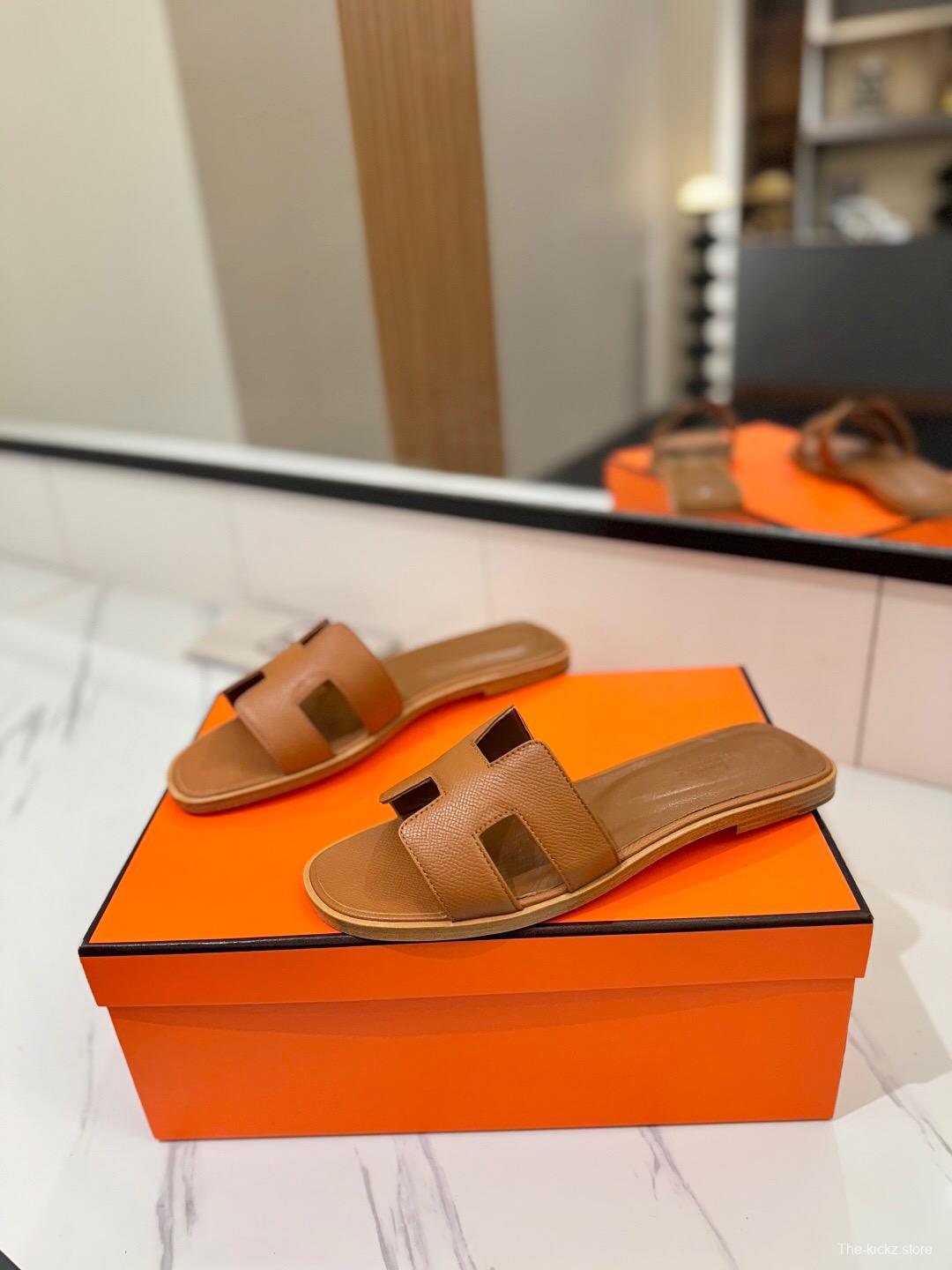 2025 Women Hermès Brown Leather Slippers
