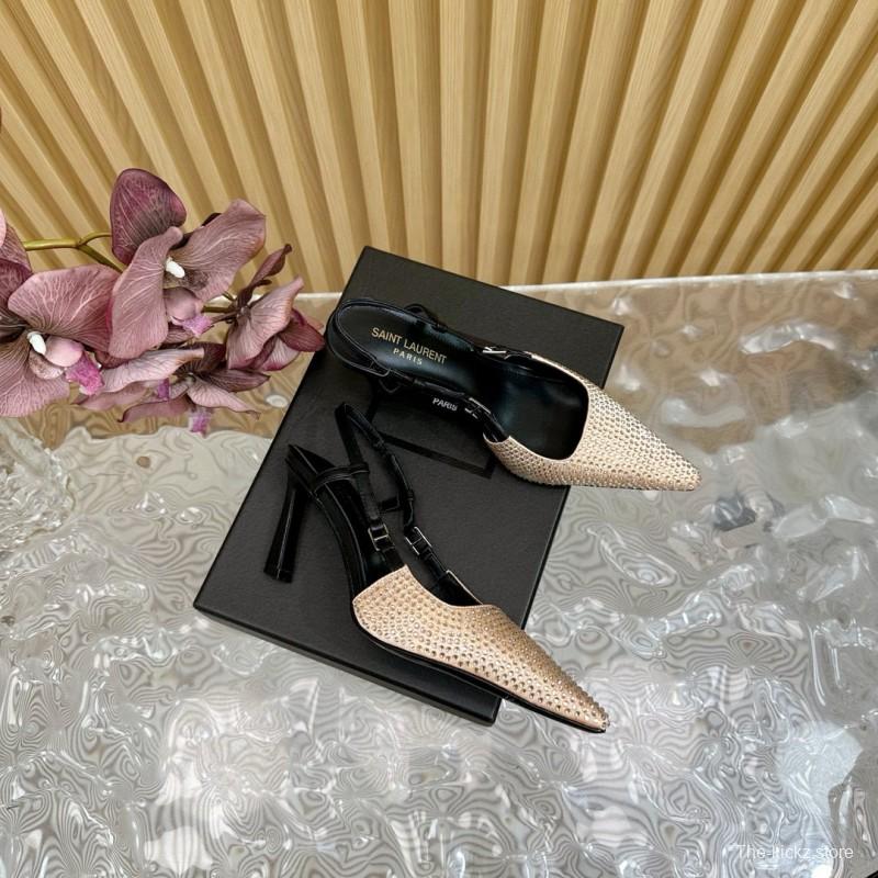 2024 Women Yves Saint Laurent Beige Rhinestone Silk Slingback Pumps MJ00320