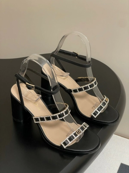 2025 Women Dior Black Leather Crystal Embellished High Heel Sandals