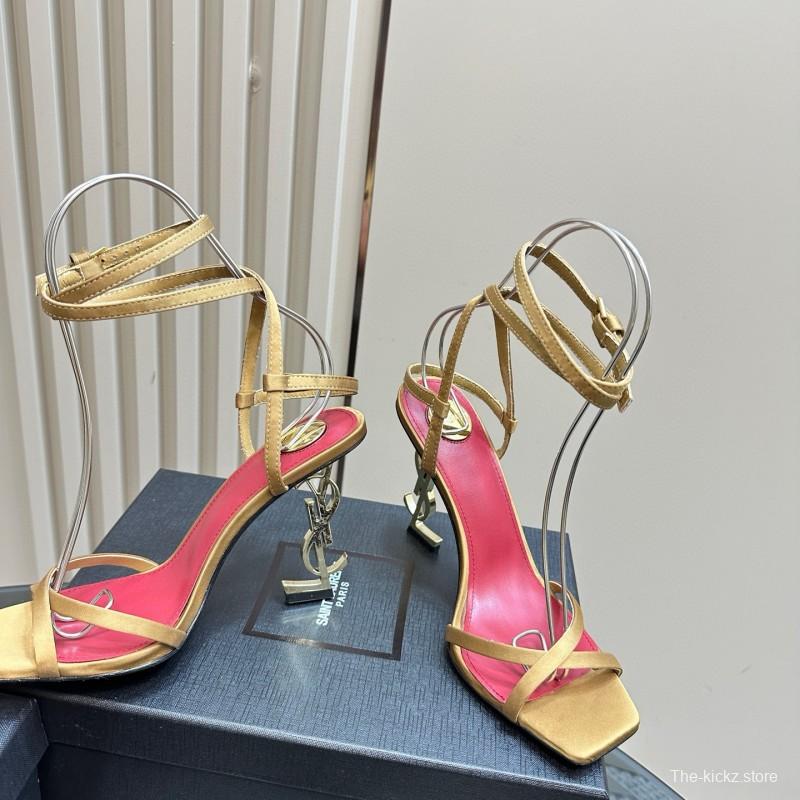 2025 Women Yves Saint Laurent Yellow Silk Strappy Heels