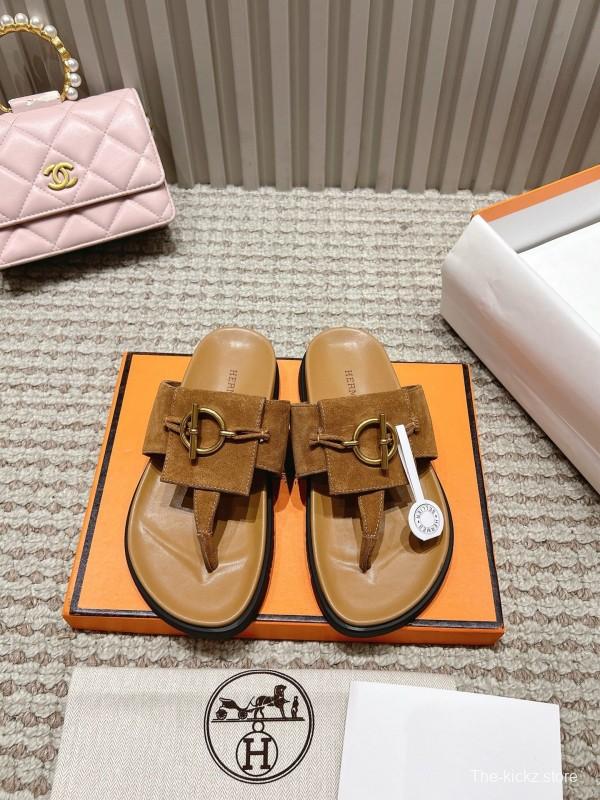 2025 Slippers Hermès Brown Suede Leather Casual LY00350