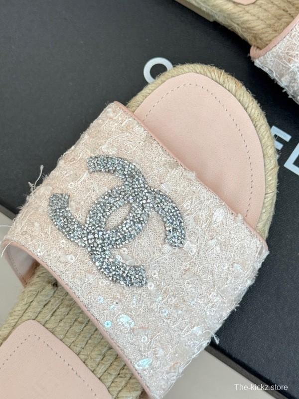2025 Women Chanel Pink Tweed Espadrille Slide Sandals Handmade Craft KFY00240 (F)