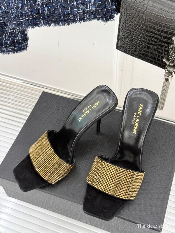 2025 Women Yves Saint Laurent Black Gold Leather High Heel Slip-On LY00300