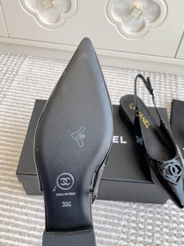 2025 Women Chanel Black Patent Leather Slingback Pumps KFY00300