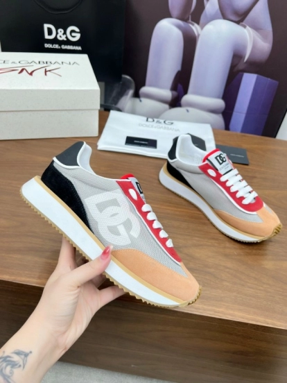 2025 Unisex Dolce & Gabbana Gray Red Beige PU Leather Mesh Sneakers LY00300