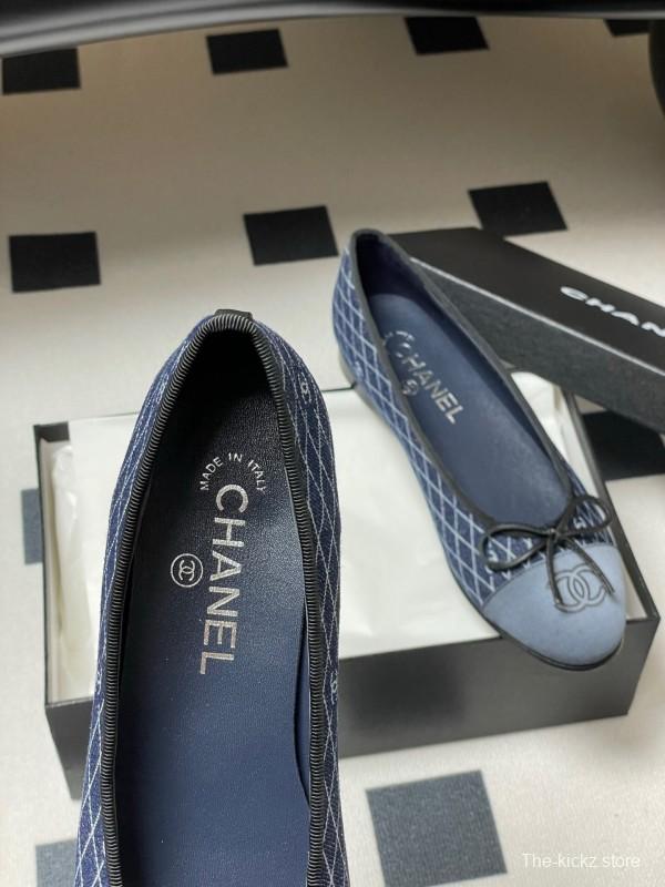 2025 Women Chanel Blue Denim Leather Ballet Flat