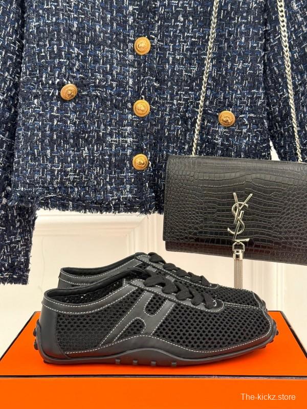 2025 Women Hermès Black Mesh Leather Sneakers