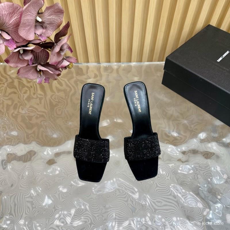 2025 Women Yves Saint Laurent Black Rhinestone Leather High Heel Sandals MJ00300