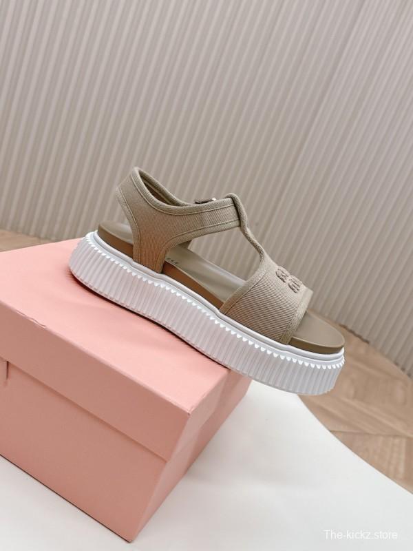 2025 Women Miu Miu Beige Canvas Sandals Buckle LY00360