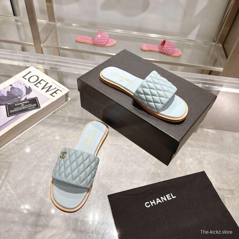 2025 Women Chanel Light Blue Lambskin Slippers