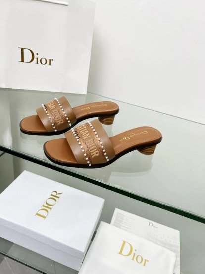 2025 Women Dior Brown Leather Mule Beaded LY00210