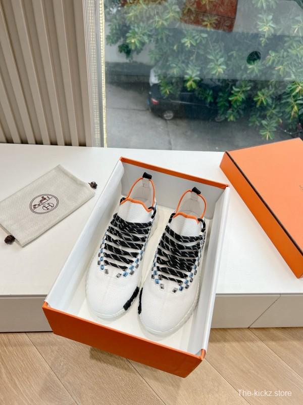 2024 Unisex Hermès White Black Orange Calf Suede Sneakers MJ00290