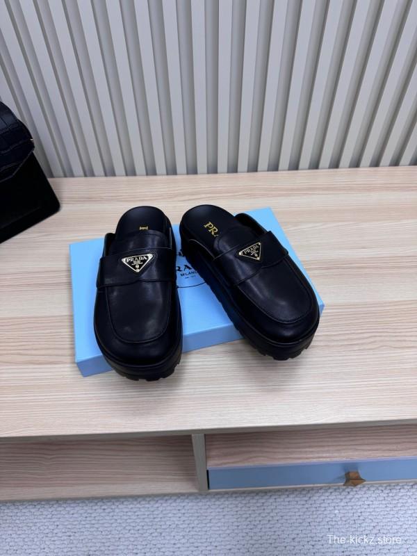 2025 Women Prada Black Leather Platform Loafers